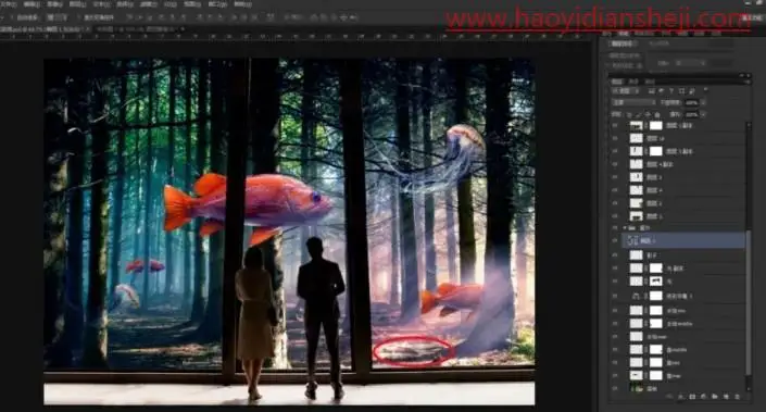 奇幻合成，制作一张超现实的森林里观鱼的场景_www.haoyidiansheji.com
