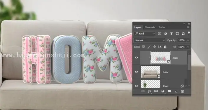 3D功能，通过PS的3D功能制作沙发上的靠枕_www.haoyidiansheji.com