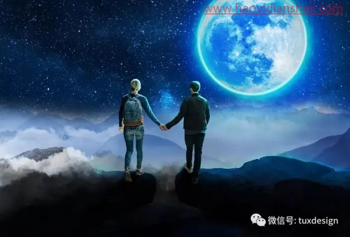 场景合成，合成月光下的小情侣在手牵手在约会的浪漫场景_www.haoyidiansheji.com