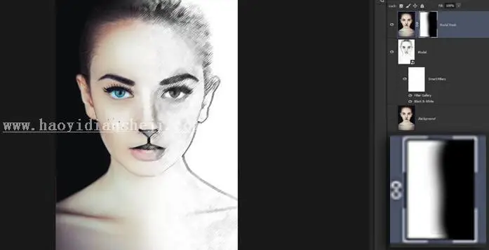 素材描效果，半素描豹女郎效果_www.haoyidiansheji.com
