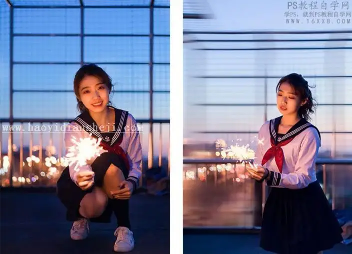 摄影后期，通过PS给夜景拍摄的烟花人像进行调色_www.haoyidiansheji.com