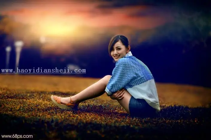 霞光效果，给外景草坪上的人物照片添加霞光色_www.haoyidiansheji.com