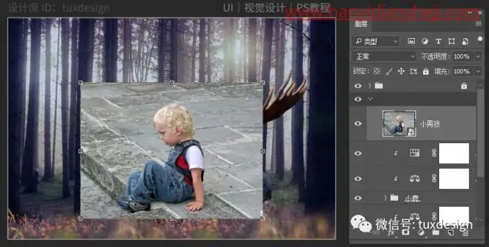 场景合成，制作森林里面的小男孩和小鹿_www.haoyidiansheji.com