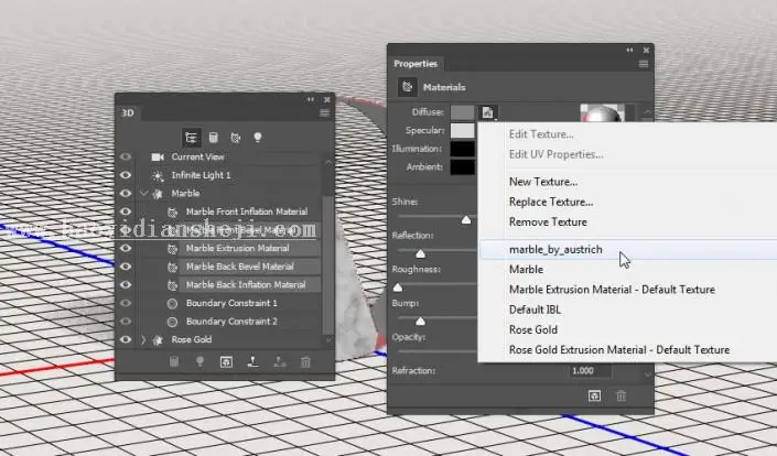 3D功能，通过PS中的3D功能设计大理石玫瑰材质的文字_www.haoyidiansheji.com