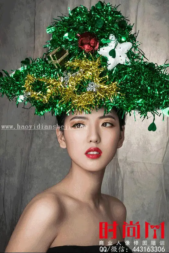 人像精修，用PS给妆容是圣诞主题的人像进行修图_www.haoyidiansheji.com