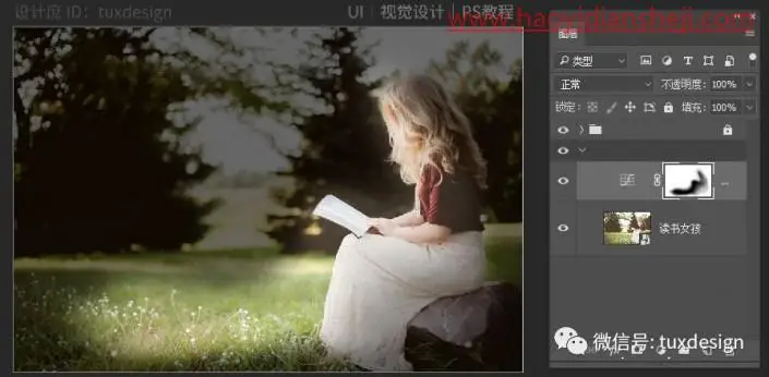 场景合成，合成在月光下认真专注夜读的女孩_www.haoyidiansheji.com