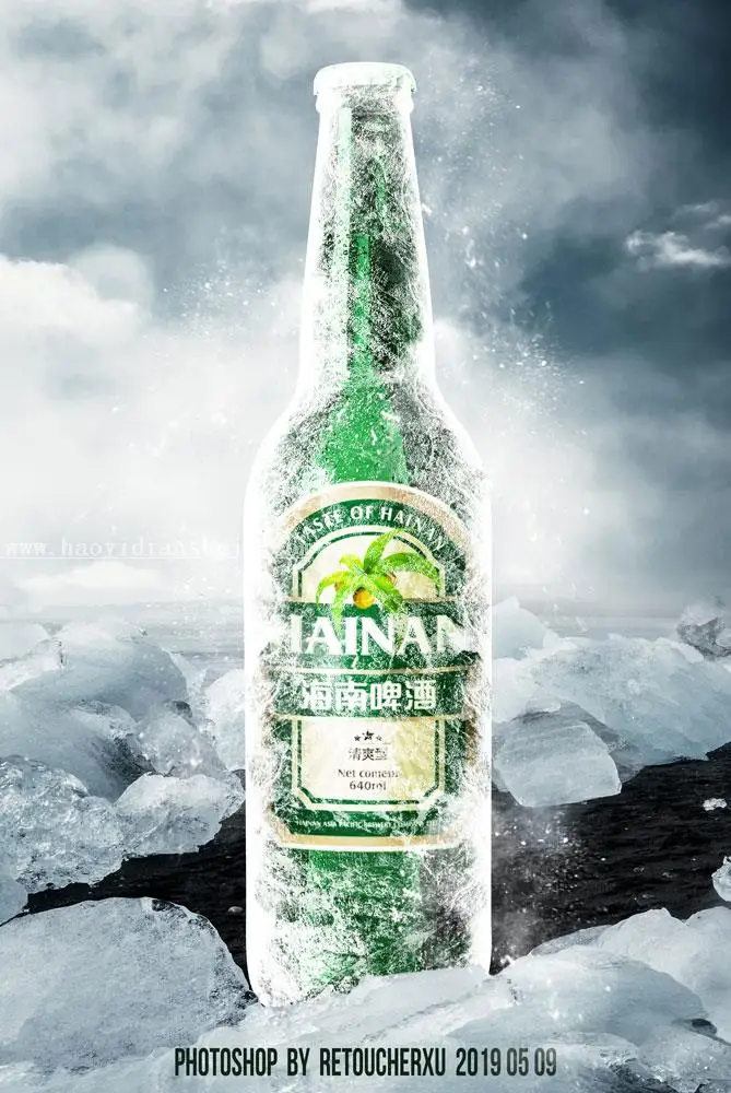 场景合成，通过PS合成一张冰冻啤酒的照片_www.haoyidiansheji.com