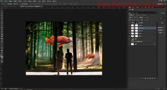 奇幻合成，制作一张超现实的森林里观鱼的场景_www.haoyidiansheji.com