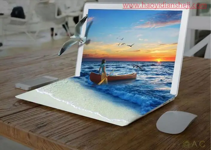 出屏效果，制作逼真的海水和海滩从电脑屏幕溢出的3D画面_www.haoyidiansheji.com