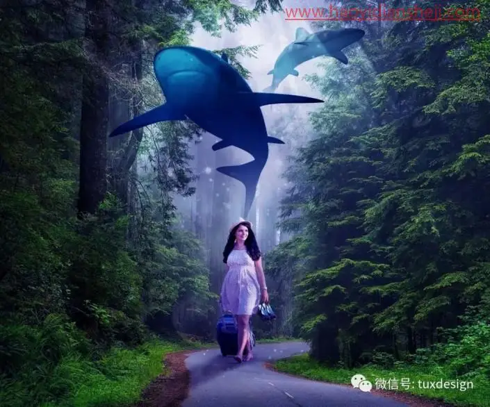 梦幻合成，通过PS让鱼嬉戏在森林间_www.haoyidiansheji.com