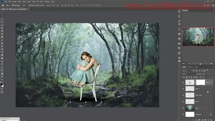 梦幻合成，合成女孩静坐在飘满落叶的树林里的唯美画面_www.haoyidiansheji.com