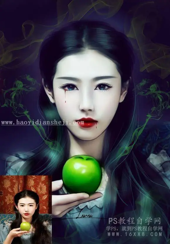 转手绘，打造暗黑风格的美女转手绘_www.haoyidiansheji.com