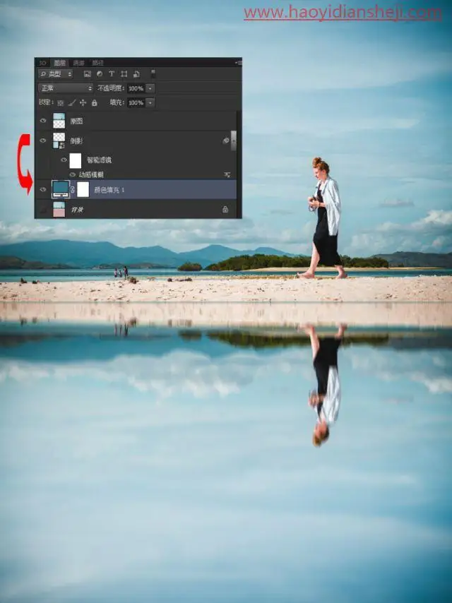 倒影效果，用photoshop自带的置换滤镜制作逼真的水中倒影_www.haoyidiansheji.com