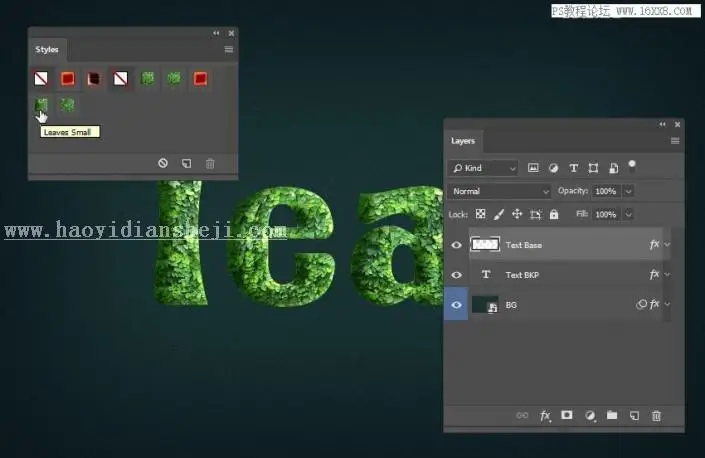 立体字，用PS制作绿叶构成的3D立体字_www.haoyidiansheji.com