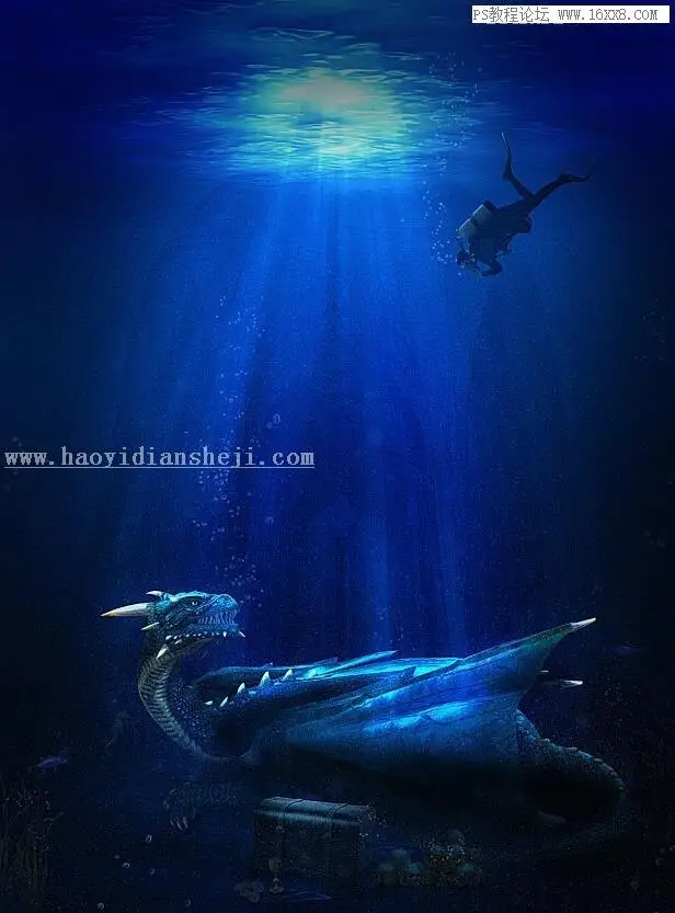 场景合成，用PS合成海下探险寻宝的场景_www.haoyidiansheji.com