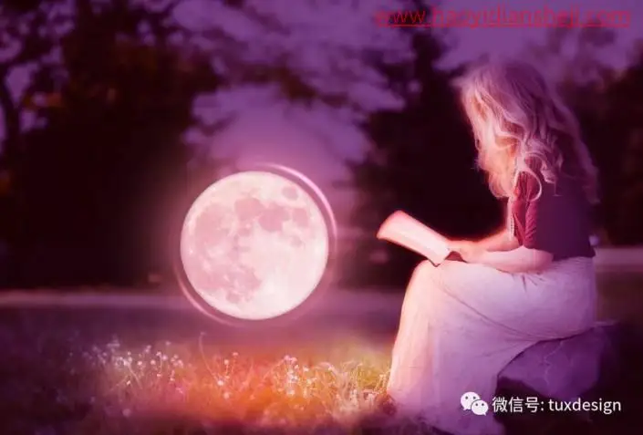 场景合成，合成在月光下认真专注夜读的女孩_www.haoyidiansheji.com