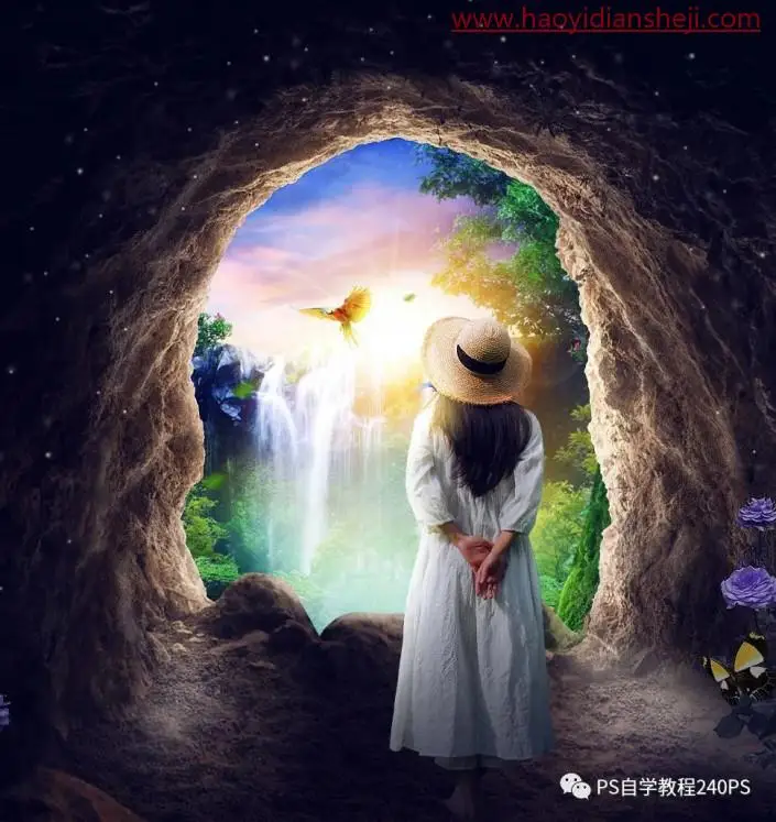 创意合成，合成一位在岩石洞口欣赏美景的女孩_www.haoyidiansheji.com