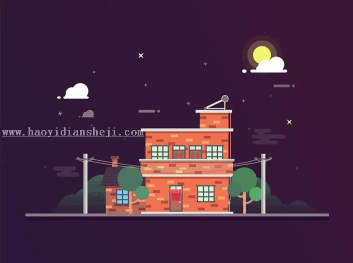 插画制作，用PS制作一副扁平化得夜景房屋插画_www.haoyidiansheji.com