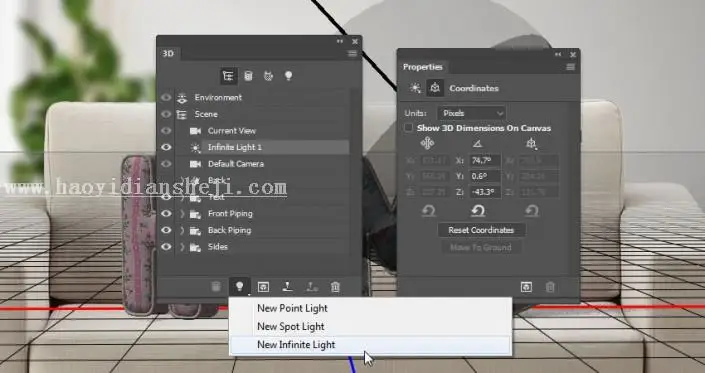 3D功能，通过PS的3D功能制作沙发上的靠枕_www.haoyidiansheji.com