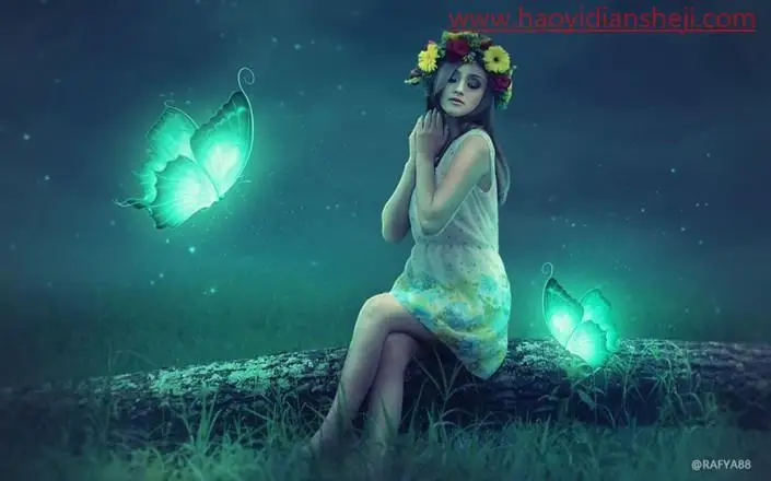 梦幻合成，在PS中合成坐在树干上的精灵女孩_www.haoyidiansheji.com