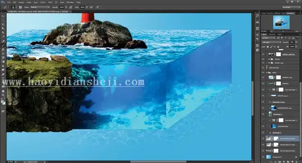 场景合成，在ps中合成一个微缩水族馆_www.haoyidiansheji.com