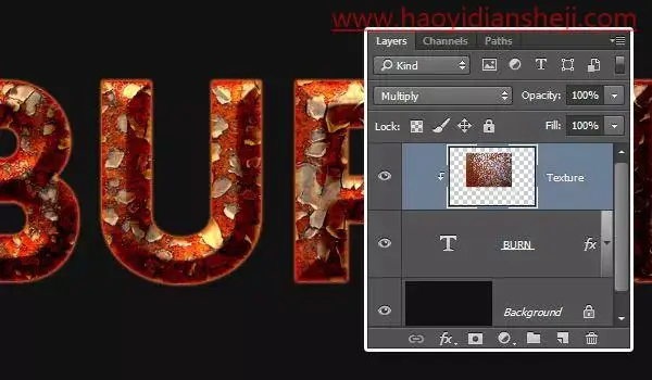 文字制作，在PS中制作火焰铁锈效果的文字_www.haoyidiansheji.com