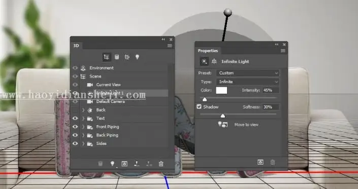 3D功能，通过PS的3D功能制作沙发上的靠枕_www.haoyidiansheji.com