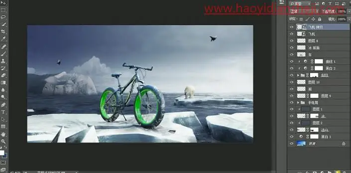 场景合成，合成在北极的自行车海报_www.haoyidiansheji.com