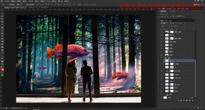 奇幻合成，制作一张超现实的森林里观鱼的场景_www.haoyidiansheji.com