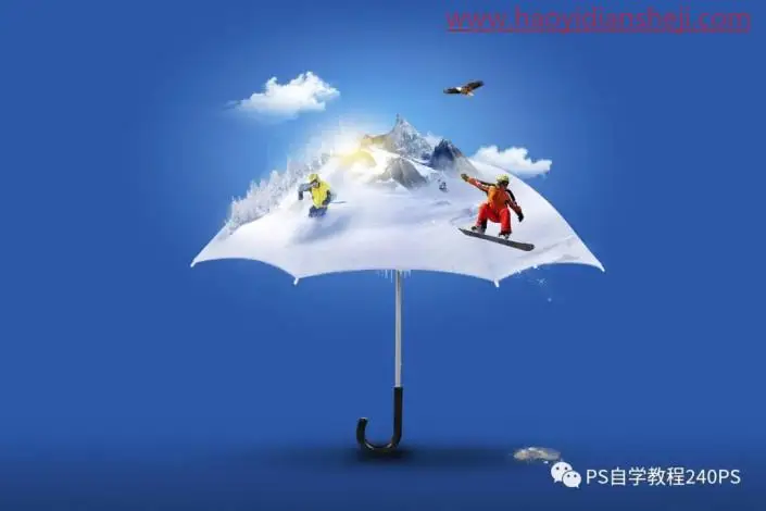 创意合成，合成雨伞上的冬季滑雪运动场景_www.haoyidiansheji.com