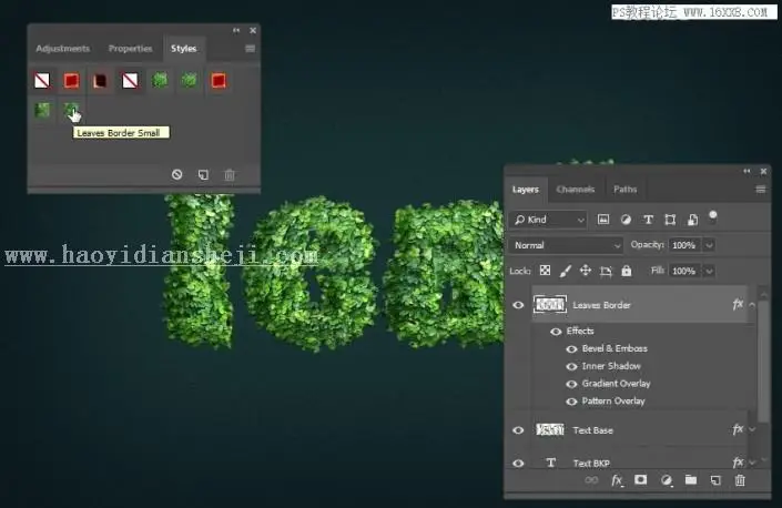 立体字，用PS制作绿叶构成的3D立体字_www.haoyidiansheji.com