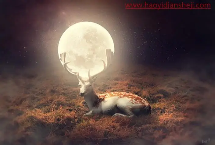 奇幻合成，制作角上连着月亮的小鹿_www.haoyidiansheji.com