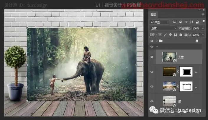 创意合成，制作一张大象从壁画中走向现实的场景_www.haoyidiansheji.com