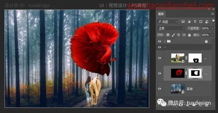 创意合成，制作一条红鱼穿梭森林的奇幻照片_www.haoyidiansheji.com