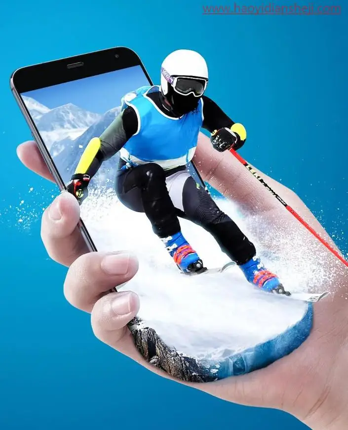 出屏效果，制作一张创意残奥会滑雪运动员冲出手机画面_www.haoyidiansheji.com