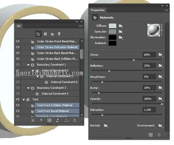 3D功能，用PS中的3D功能制作金属材质的文字_www.haoyidiansheji.com