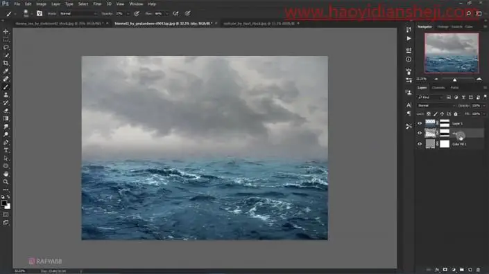 奇幻合成，合成一幅在风浪中坐着皮箱漂流的奇幻场景_www.haoyidiansheji.com