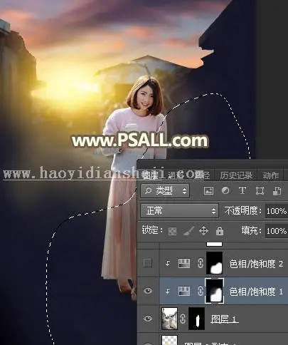 夕阳效果，通过PS给街拍女孩添加夕阳美景效果_www.haoyidiansheji.com
