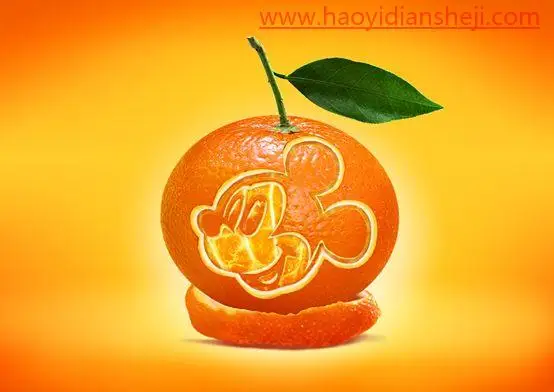创意合成，制作一只长在桔子上的米老鼠图案_www.haoyidiansheji.com