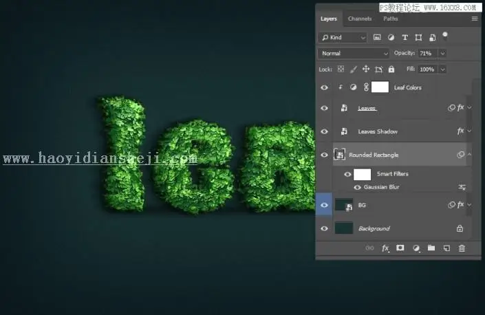 立体字，用PS制作绿叶构成的3D立体字_www.haoyidiansheji.com