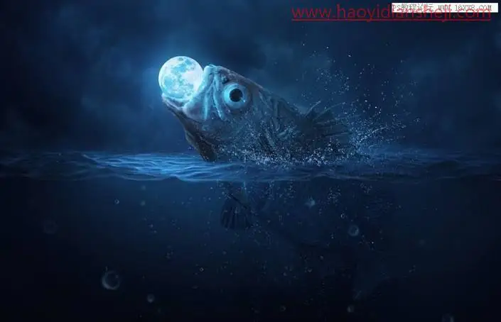 场景合成，在PS中合成一幅大鱼吞月的超现实场景_www.haoyidiansheji.com