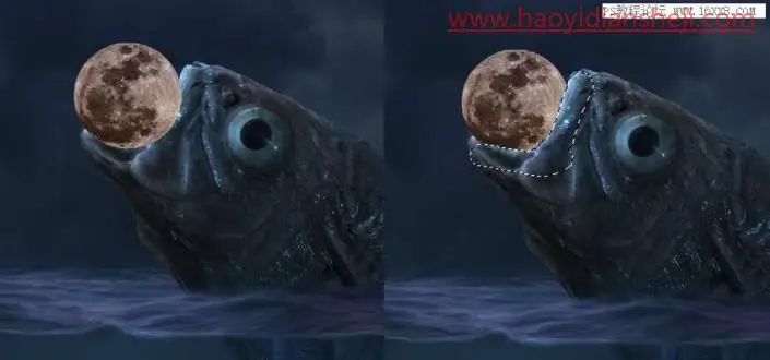 场景合成，在PS中合成一幅大鱼吞月的超现实场景_www.haoyidiansheji.com