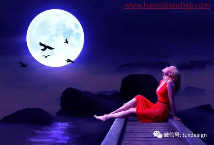 场景合成，通过PS合成一幅人物举头望明月的诗意场景_www.haoyidiansheji.com
