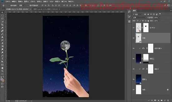创意合成，合成一朵梦幻极具创意的玫瑰花月亮照片_www.haoyidiansheji.com