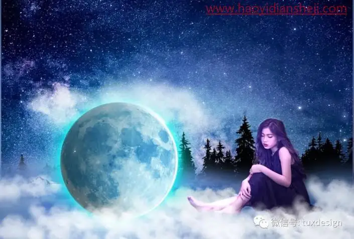 场景合成，合成一幅女孩在月亮下沉思的唯美画面_www.haoyidiansheji.com