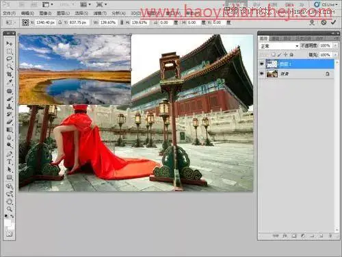 换背景，通过PS给古建筑背景下的人像添加蓝天白云_www.haoyidiansheji.com