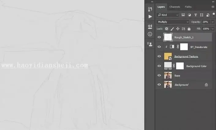 素描效果，通过PS把人物制作成铅笔素描效果_www.haoyidiansheji.com