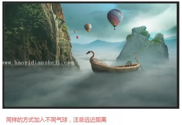 场景合成，用PS合成匹诺曹遨游云海的照片_www.haoyidiansheji.com
