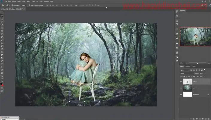 梦幻合成，合成女孩静坐在飘满落叶的树林里的唯美画面_www.haoyidiansheji.com