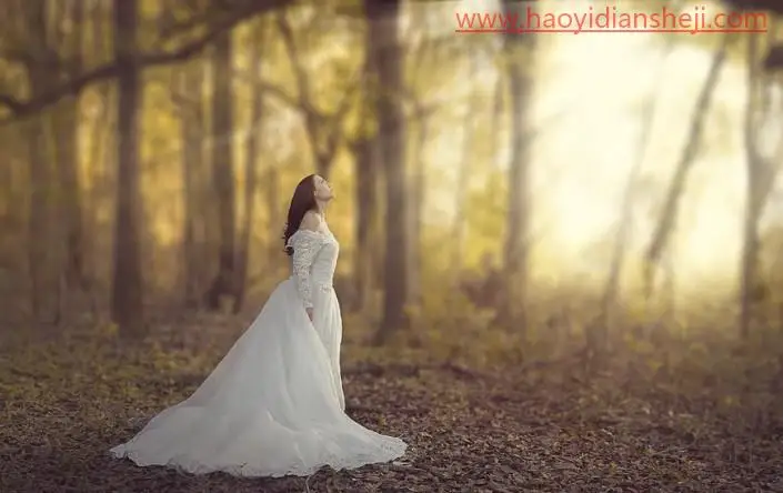 婚纱后期，快速打造唯美秋季外景树林婚纱照片_www.haoyidiansheji.com
